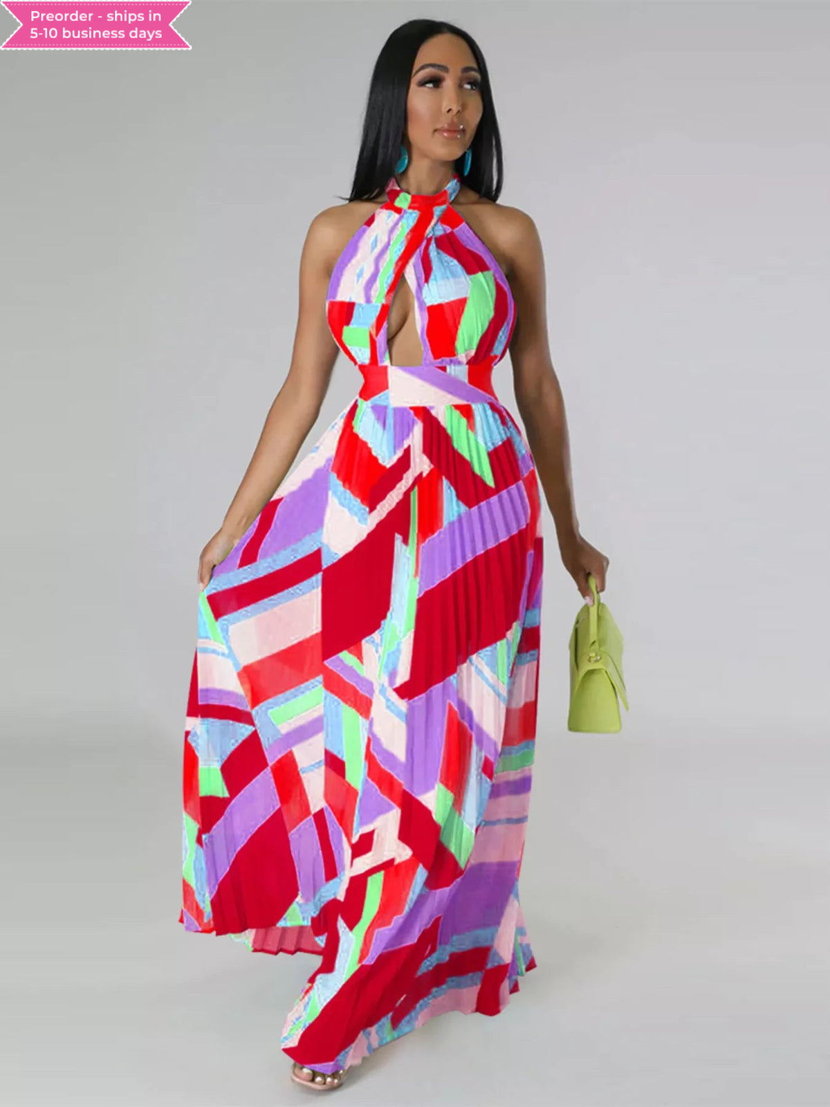 Halter Neck Geometric Print Pleated Maxi Dress
