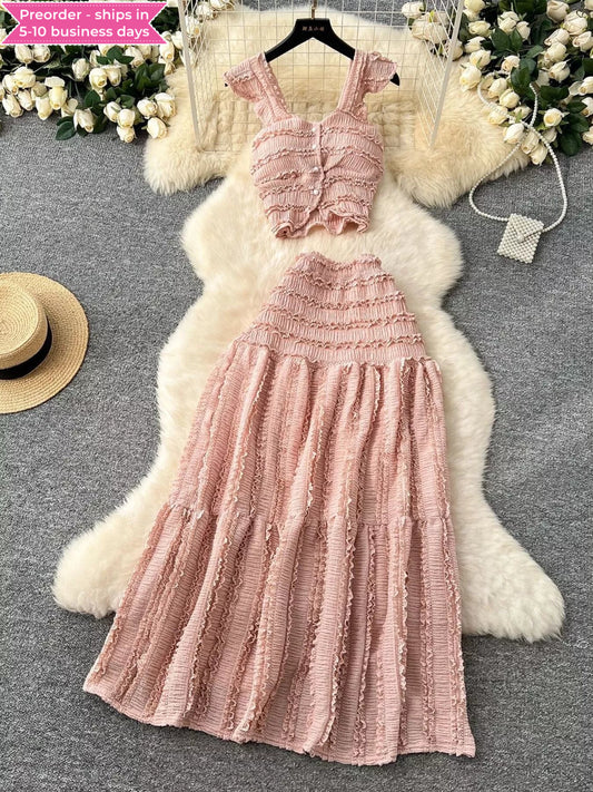 Textured Crop Top and Tiered Skirt Set