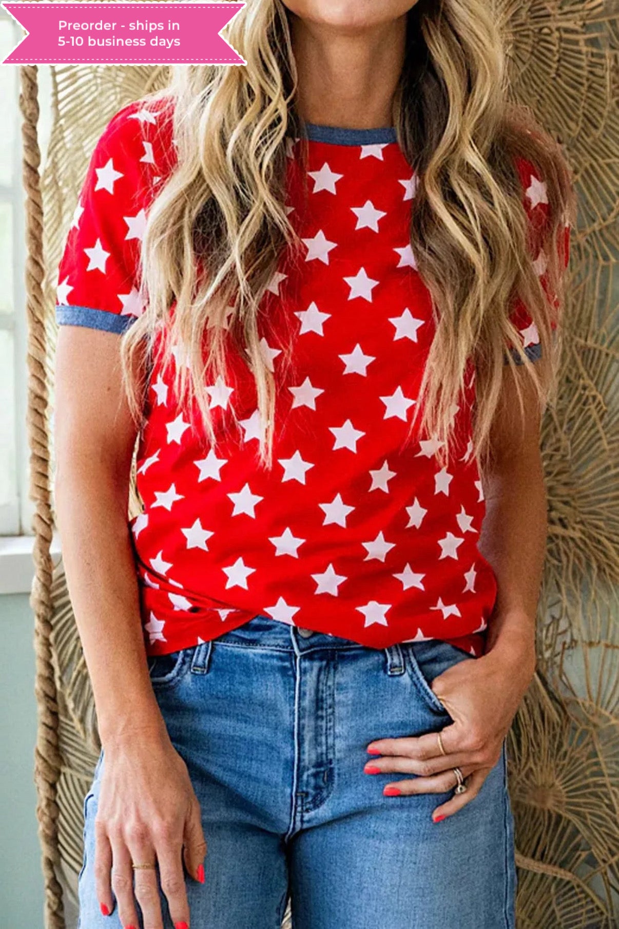 Stars Print Colorblock Binding Tape Collar Cuff Viscose Tunic Top