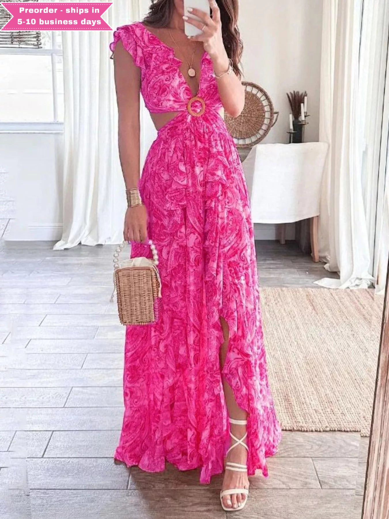 Full Size Ruffled Cutout V-Neck Maxi Dress Plus Size
