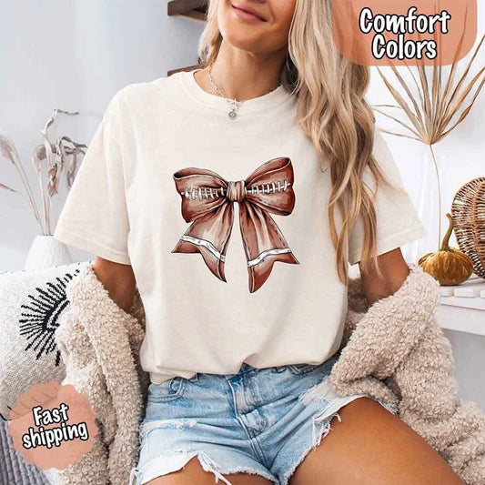 Comfort Colors Vintage Football Bow T-Shirt – Cute Game Day Tee for Women