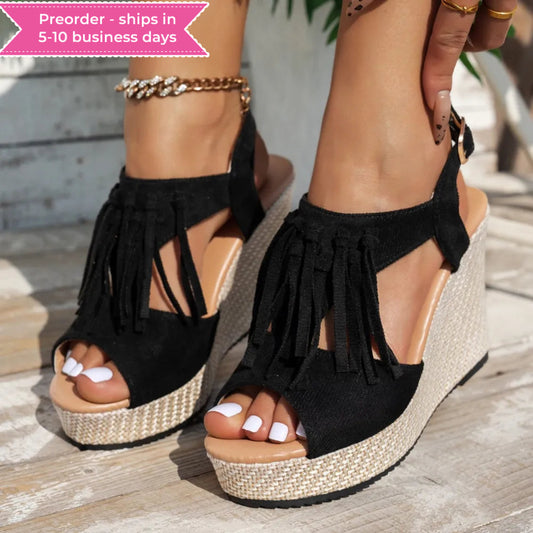 Fringe Peep Toe Wedge Sandals