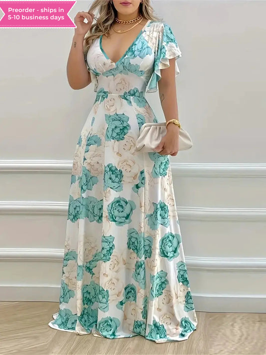 Plus Size Floral Print V-Neck Maxi Dress with Flutter Sleeves