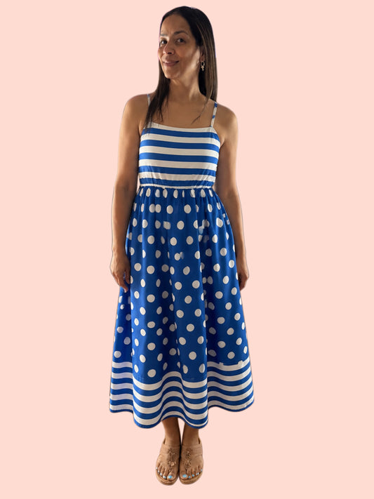 Stripe Polka Dot Patchwork High Waist Maxi Dress