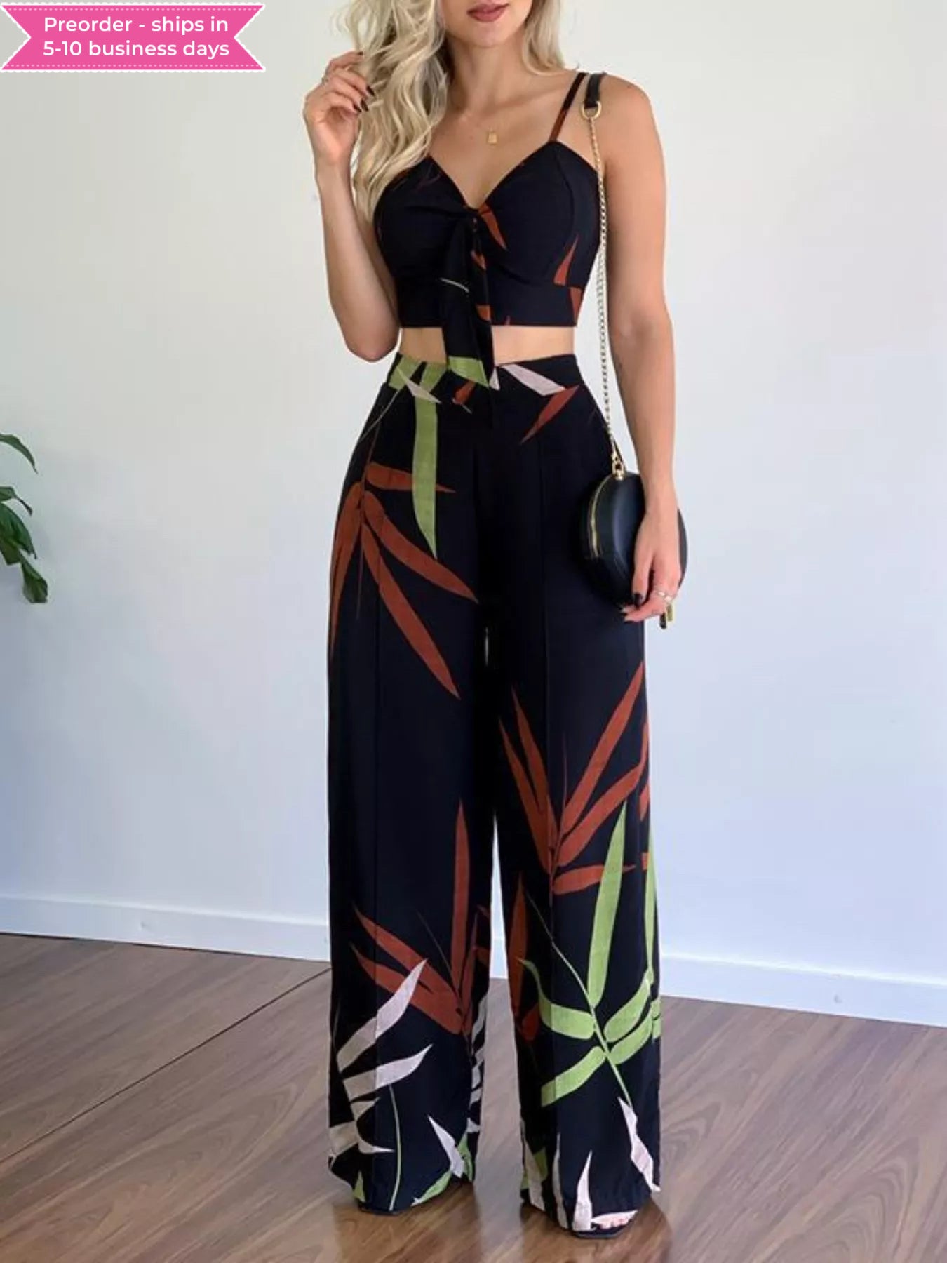 Tropical Print Spaghetti Strap Crop Top and Wide Leg Pants Set