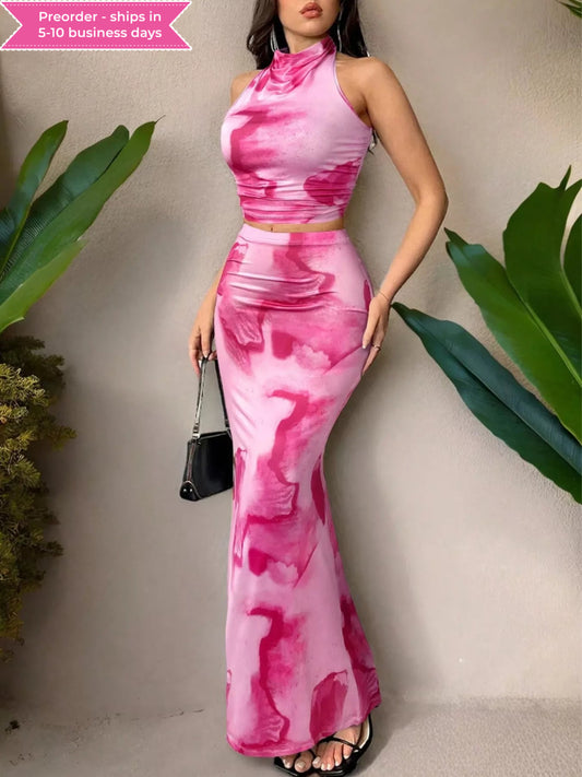 Tie-Dye Halter Top and Mermaid Skirt Set