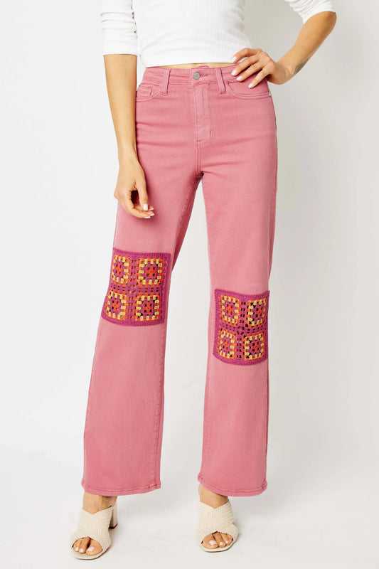 Judy Blue Dusty Pink Crochet Jeans