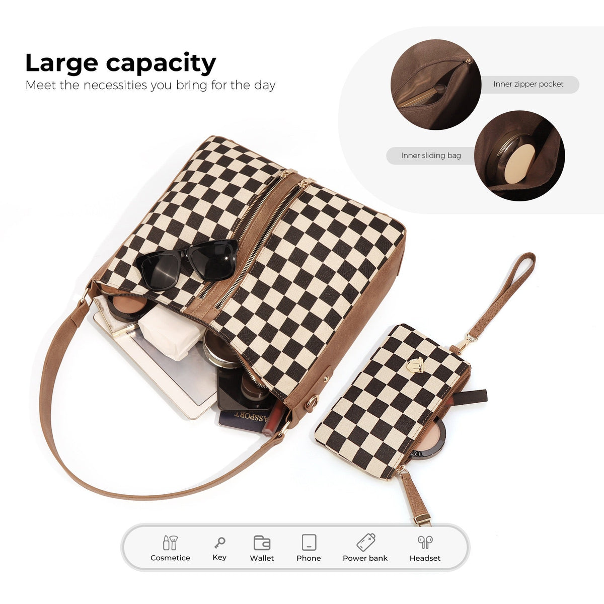 Vanessa Mixed-Media Checkered Convertible Bucket Hobo Shoulder Crossbody 2-Piece Bag