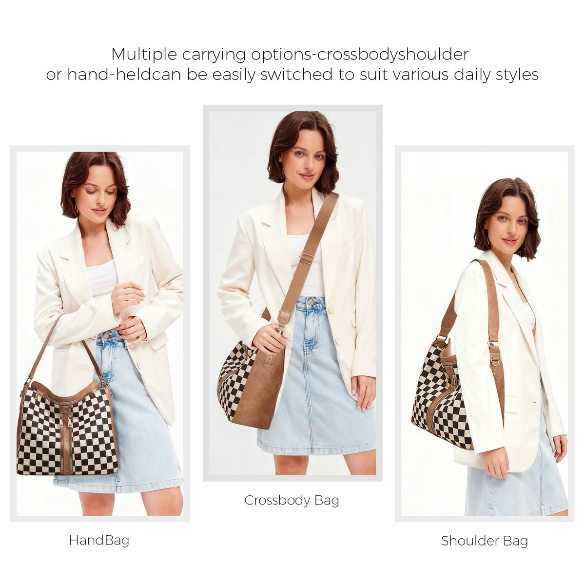 Vanessa Mixed-Media Checkered Convertible Bucket Hobo Shoulder Crossbody 2-Piece Bag