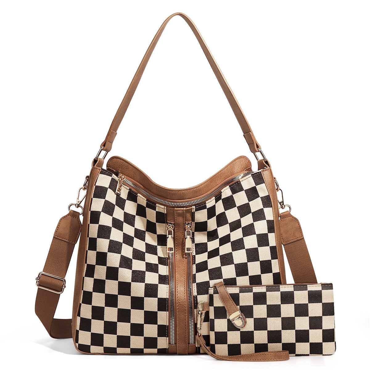 Vanessa Mixed-Media Checkered Convertible Bucket Hobo Shoulder Crossbody 2-Piece Bag